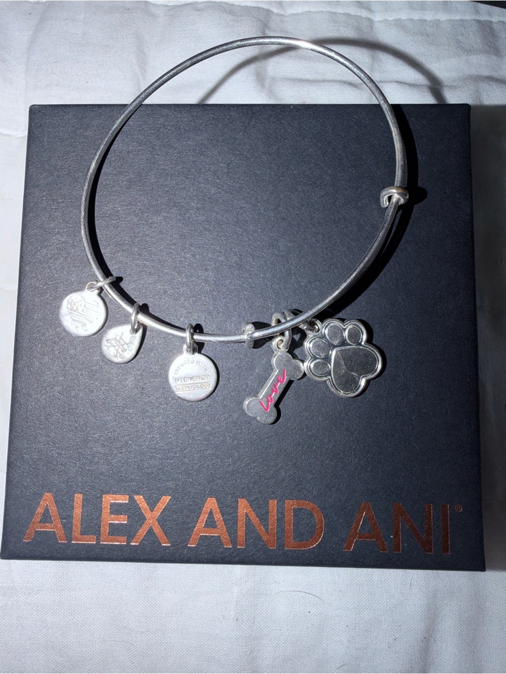 Alex and Ani Silver Pet Paw and Bone Charm Bangle with Pink Accent
